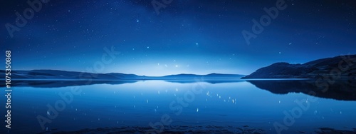 Serene blue night sky mirrored on tranquil water, expansive panoramic view capturing nature's peaceful beauty