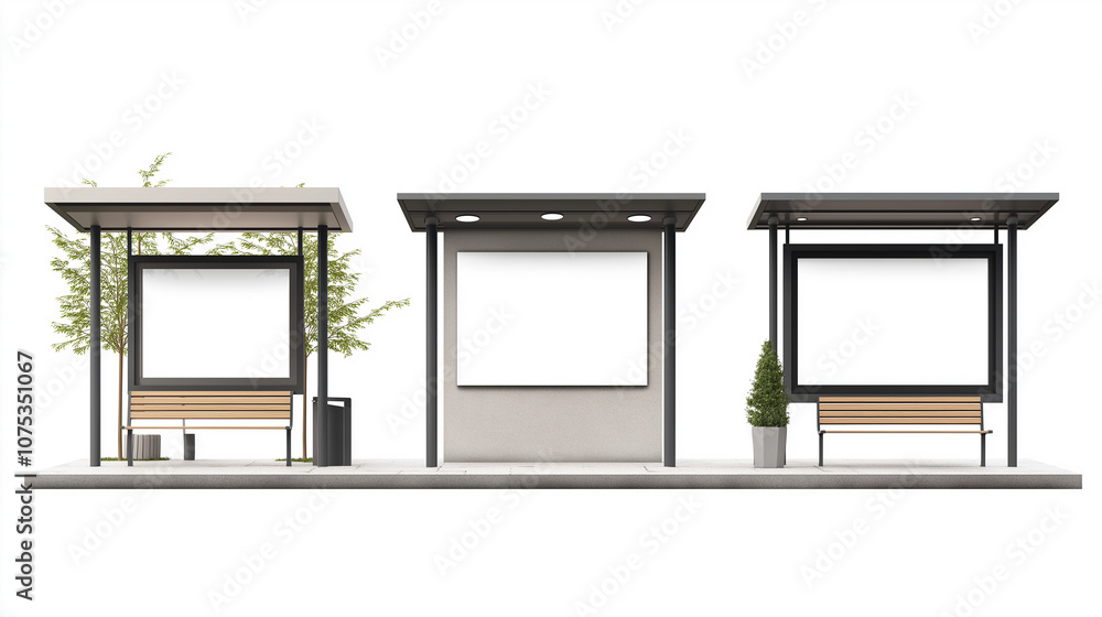 Three modern bus stops showing blank advertisement mockup panels Three modern bus stops showing blank advertisement mockup panels