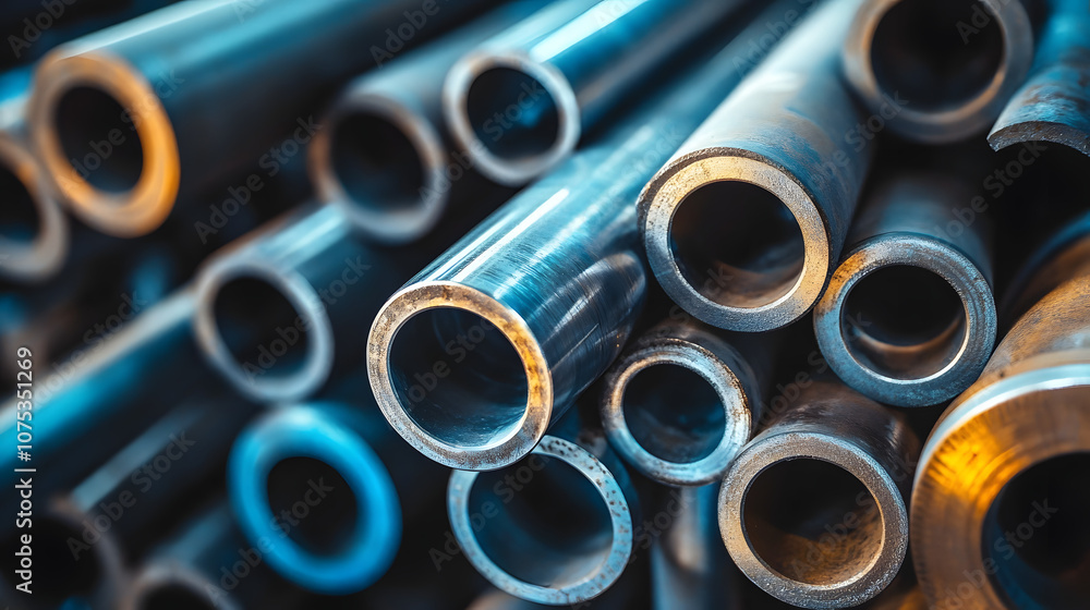 Closeup of industrial Aluminium tubes arranged in a row, concstruction pipes out of shiny metal Closeup of industrial Aluminium tubes arranged in a row, concstruction pipes out of shiny metal