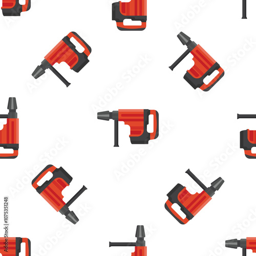 Seamless pattern with red rotary hammer on white background, power tool for construction works