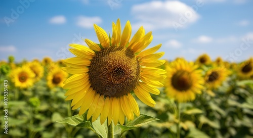 Vibrant sunflower field blue sky