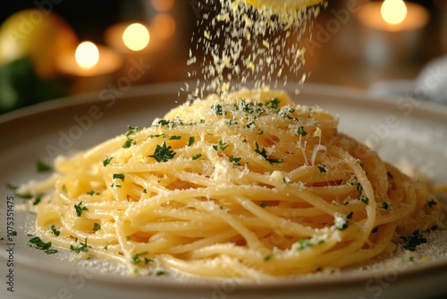 Fresh lemon zest enhancing pasta dish in candlelit ambiance photo