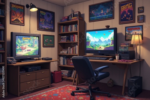 Cozy retro gaming room with classic consoles and posters for nostalgic gamers photo