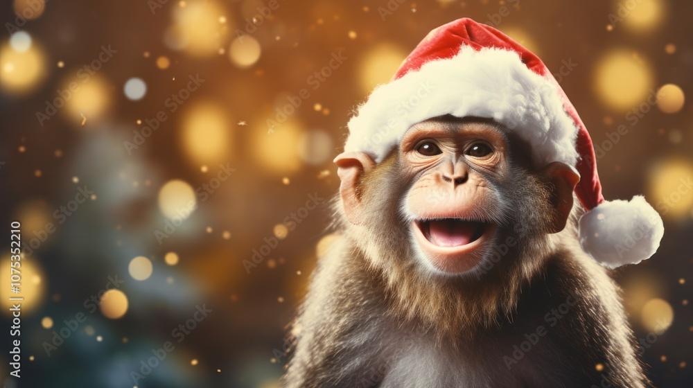 Christmas holidays concept. Cute monkey in Santa red hat. Christmas holidays concept. Cute monkey in Santa red hat.