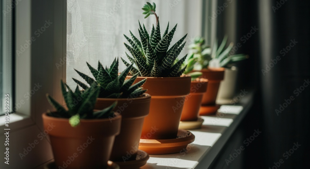 Sunlit indoor potted plants on windowsill Sunlit indoor potted plants on windowsill