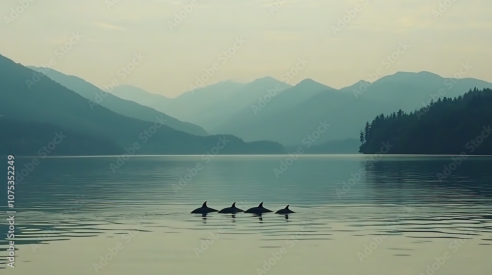 Three Orcas Swimming in a Calm Fjord, Mountain Range in the Background Three Orcas Swimming in a Calm Fjord, Mountain Range in the Background