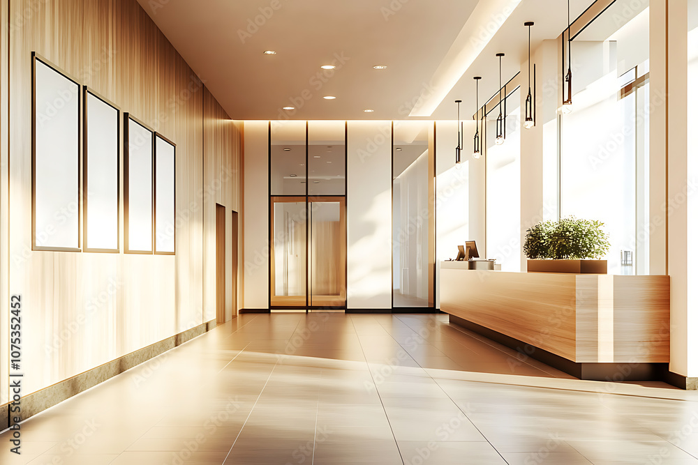 Fototapeta premium Interior of modern hotel lobby with white and wooden walls, tiled floor, wooden reception counter and vertical mock up posters. Generative AI