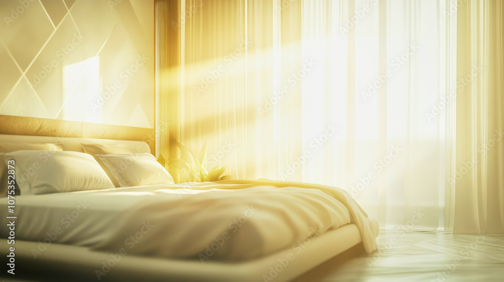 Luxurious art deco bedroom with geometric wallpaper bathed in soft morning light Luxurious art deco bedroom with geometric wallpaper bathed in soft morning light