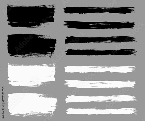 Brush strokes vector. Painted line and rectangle banners collection. Long and wide grunge backgrounds. Grain texture design elements. Black and white brush options