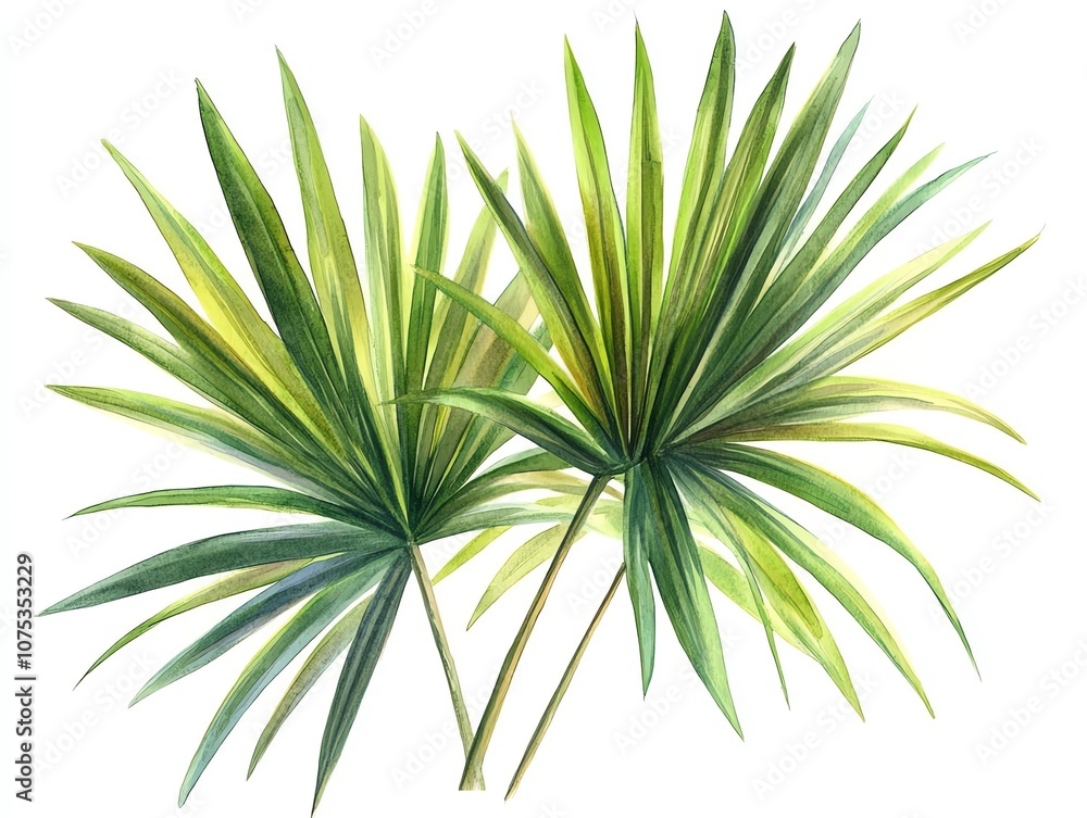 Watercolor painting of two lush green palm leaves on a white background. Watercolor painting of two lush green palm leaves on a white background.
