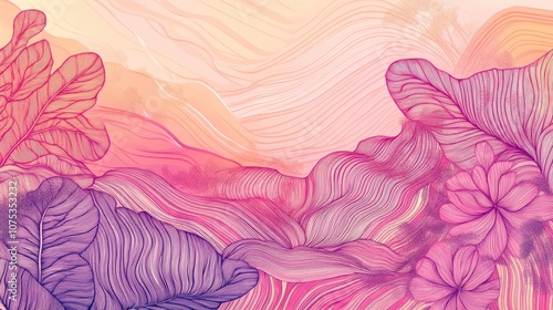 Line art illustration featuring spring inspired geo prints with vibrant graffiti elements It showcases pink and coral fantasy topography with delicate lines and patterns photo