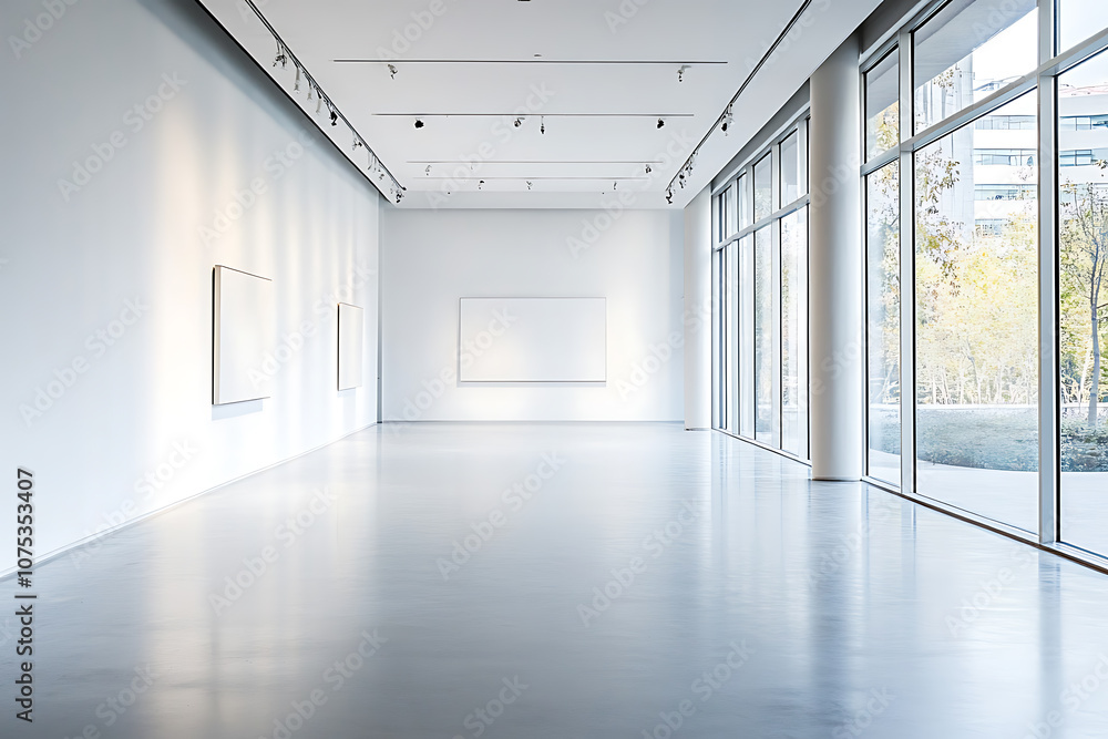 Modern empty art gallery with white walls and large windows. Modern empty art gallery with white walls and large windows.