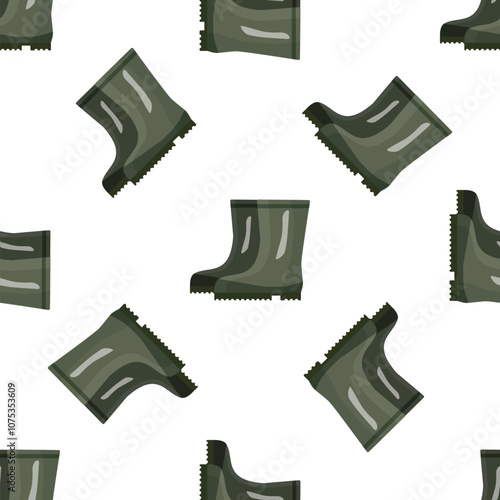 Seamless pattern with green rubber boots for gardening or fishing on a white background