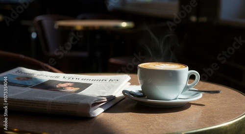 Morning coffee newspaper in cozy cafe photo