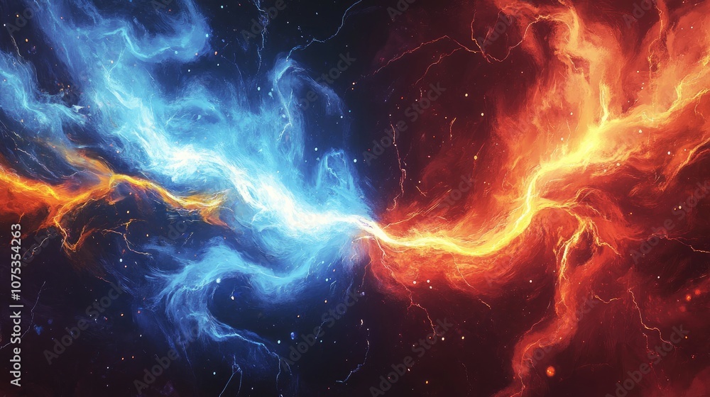 Line art illustration depicting an abstract plasma lightning storm merging elements of fire and ice in a dynamic electrical background Line art illustration depicting an abstract plasma lightning storm merging elements of fire and ice in a dynamic electrical background