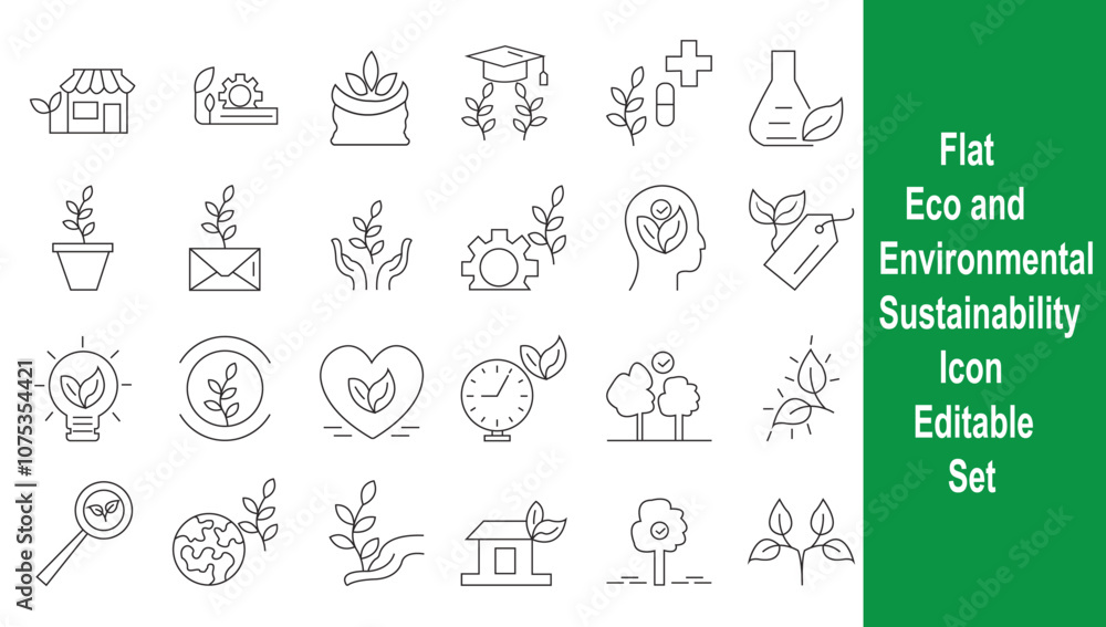Flat thin line eco and environmental sustainability icon set editable vector Flat thin line eco and environmental sustainability icon set editable vector
