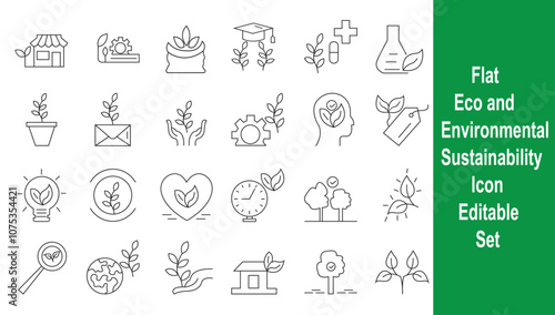 Flat thin line eco and environmental sustainability icon set editable vector