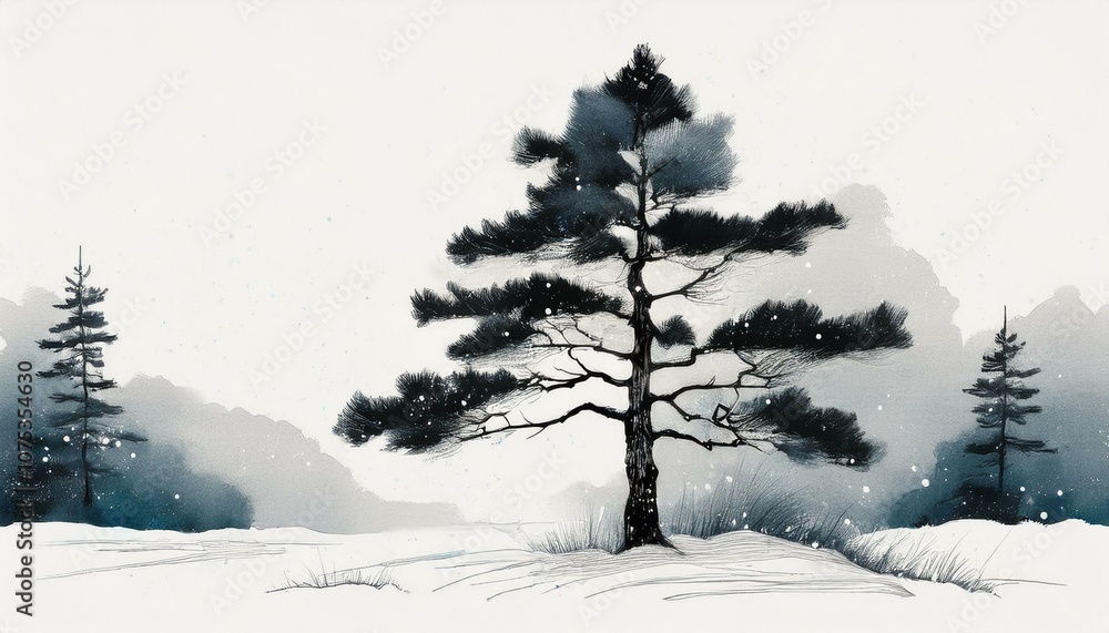Obraz premium 소나무에 소복하게 쌓인 눈 동양화