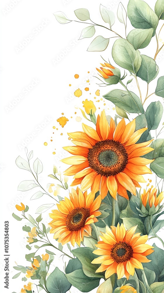 Watercolor painting of sunflowers and leaves on a white background. Watercolor painting of sunflowers and leaves on a white background.