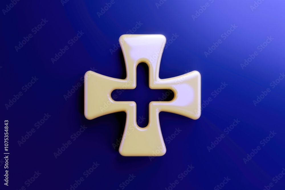 A yellow cross with a hollow center on a blue background. A yellow cross with a hollow center on a blue background.