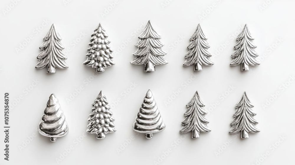 Silver Christmas tree ornaments on white background, simple and modern Silver Christmas tree ornaments on white background, simple and modern