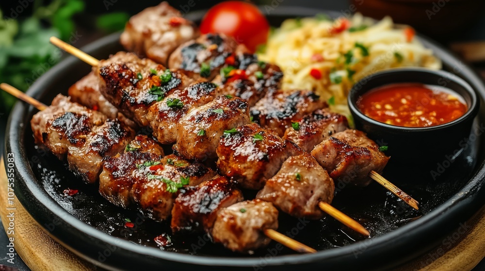Grilled Meat Skewers with Sauce and Side Dish Grilled Meat Skewers with Sauce and Side Dish