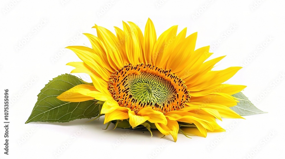 Naklejka premium Vibrant Isolated Sunflower on White Background Showcasing the Beauty of Nature with Bright Yellow Petals and Rich Green Center Detail