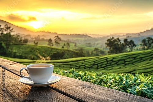 Steaming teacup sits on a wooden table, overlooking a lush green tea plantation bathed in the golden light of sunrise, creating a serene and inviting atmosphere