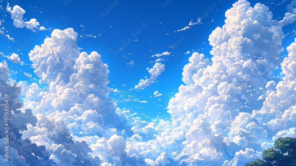 A serene sky filled with fluffy clouds against a vibrant blue backdrop. A serene sky filled with fluffy clouds against a vibrant blue backdrop.