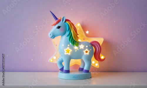 A blue unicorn nightlight with a rainbow mane and tail illuminates a room