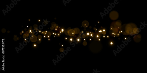Sparkling golden particles, glowing bokeh lights isolated on dark transparent background
