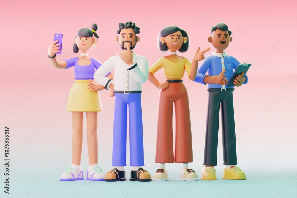 Four 3D characters standing together showcasing diverse personalities. Four 3D characters standing together showcasing diverse personalities.