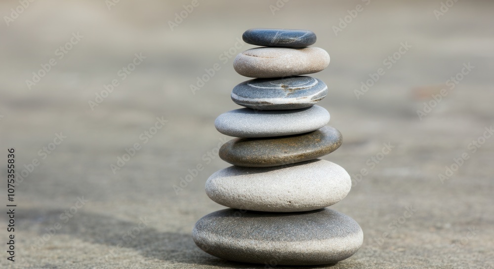 Serene balance zen stack on tranquil beach Serene balance zen stack on tranquil beach