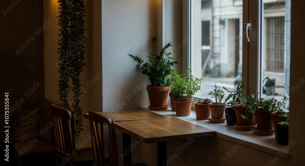 Cozy cafe corner with potted plants window Cozy cafe corner with potted plants window