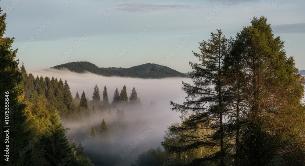 Misty mountain landscape at sunrise with silhouette Misty mountain landscape at sunrise with silhouette