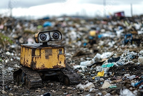 Wallpaper Mural Miniature robot navigating a large landfill, highlighting environmental pollution and the need for waste management solutions Torontodigital.ca