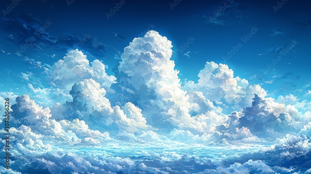 A serene sky filled with fluffy clouds against a vibrant blue backdrop. A serene sky filled with fluffy clouds against a vibrant blue backdrop.