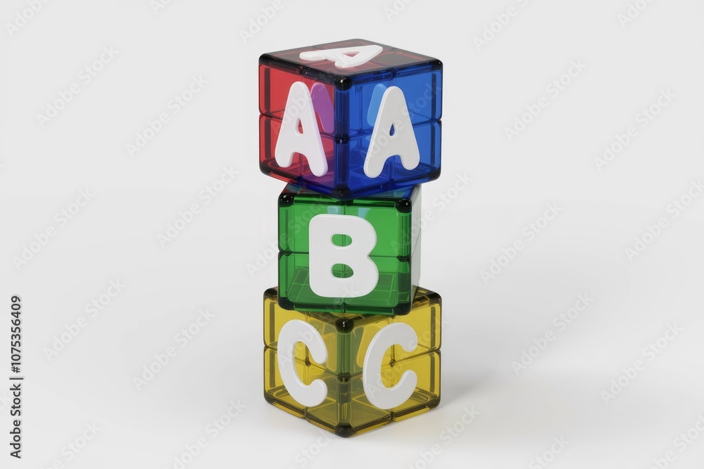 Three colorful blocks spelling out ABC. Three colorful blocks spelling out ABC.