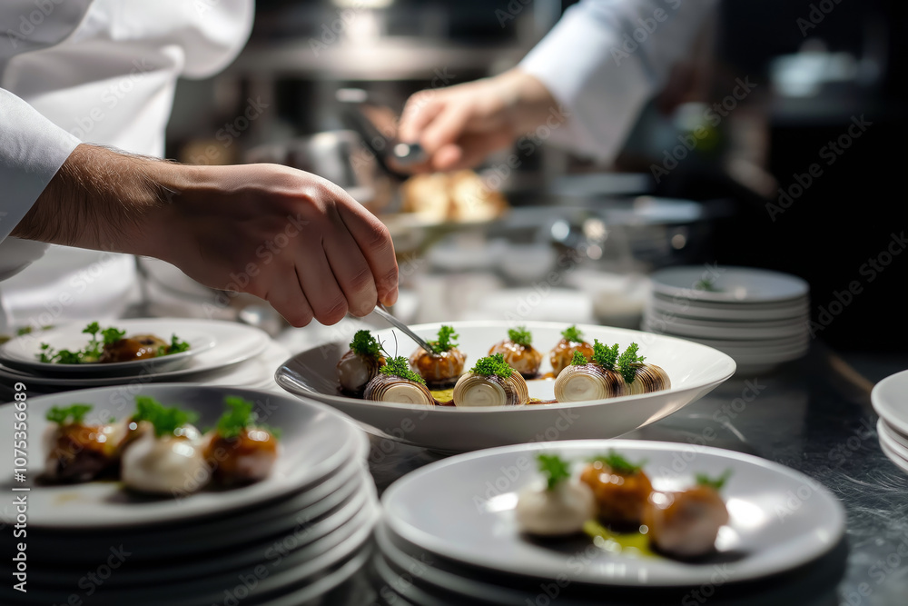 Chef plating an exquisite escargot dish in a fine dining restaurant, with focus on the delicate details. Chef plating an exquisite escargot dish in a fine dining restaurant, with focus on the delicate details.