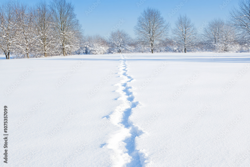 A snow covered field with a path through it A snow covered field with a path through it