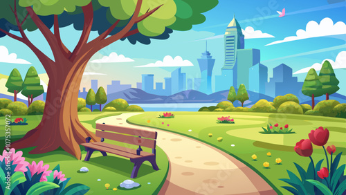 A peaceful park scene on a bright, sunny day. Vector illustration 