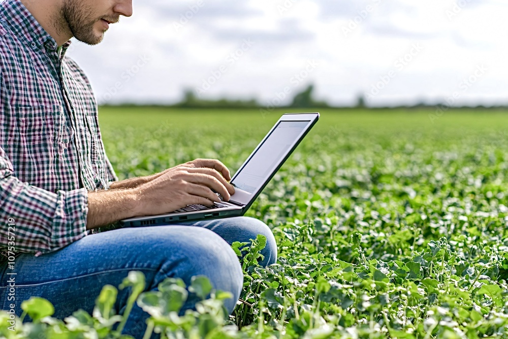 Young agronomist using laptop in sugar beet field for precision agriculture, implementing modern technology in traditional farming practices to optimize production and ensure sustainable growth Young agronomist using laptop in sugar beet field for precision agriculture, implementing modern technology in traditional farming practices to optimize production and ensure sustainable growth