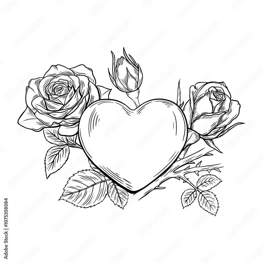 Fototapeta premium Heart with rose, love, engraving, black line art. For your inscription with copy space.