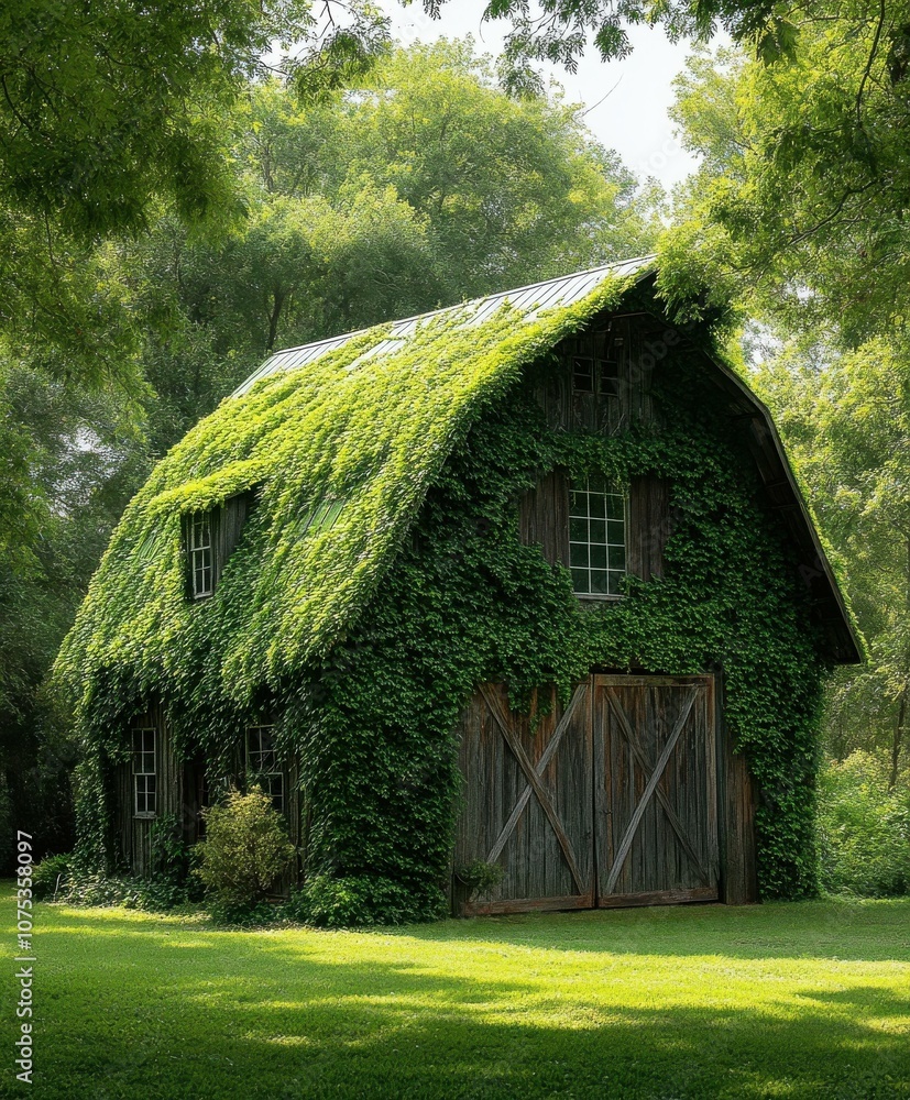 Fototapeta premium Serene Overgrown Barn Surrounded by Lush Greenery in a Tranquil Rural Setting