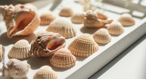 Sunlit collection of seaside shells on white surface