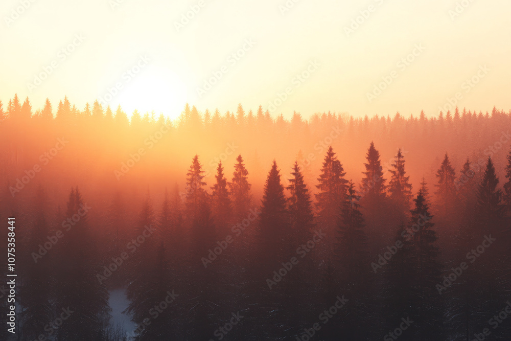 A forest with trees in the foreground and a sun in the background A forest with trees in the foreground and a sun in the background