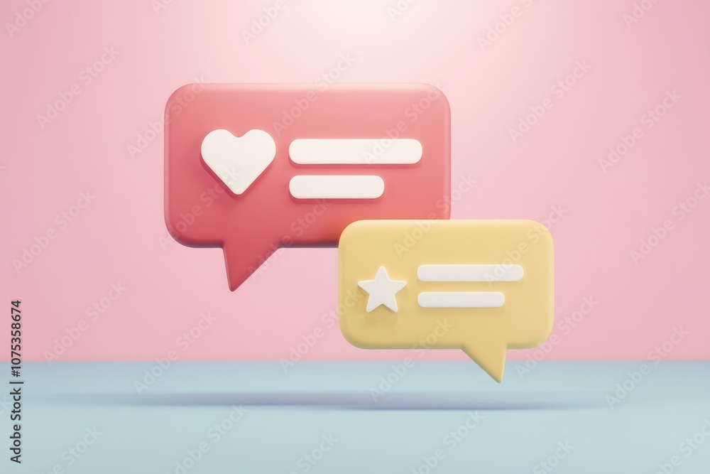 Colorful 3D speech bubbles with heart and star symbols. Colorful 3D speech bubbles with heart and star symbols.
