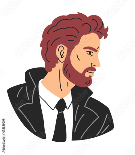 Portrait of a handsome young man with a beard and a leather jacket. Beauty, fashion and style. A man's face. Flat vector illustration isolated on white background