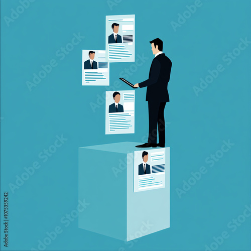 A suit-clad man is comparing resumes, likely a hiring manager, using a tablet to select the best candidate, enhancing the professional and efficient atmosphere.
