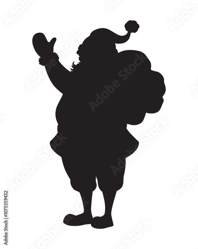 Cartoon illustration of waving santa claus holding sack with presents black silhouette on white background